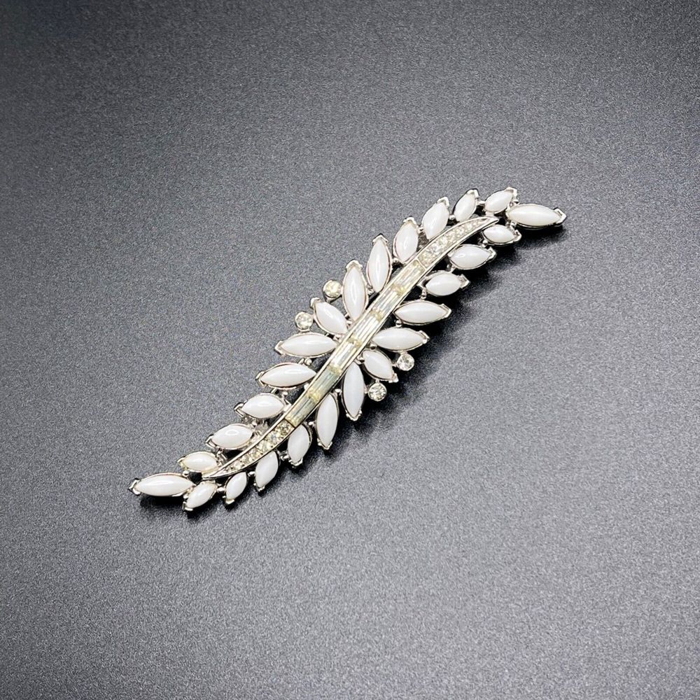 Vintage CROWN TRIFARI Feather Brooch Pin Milk Glass Clear Rhinestone Signed RARE